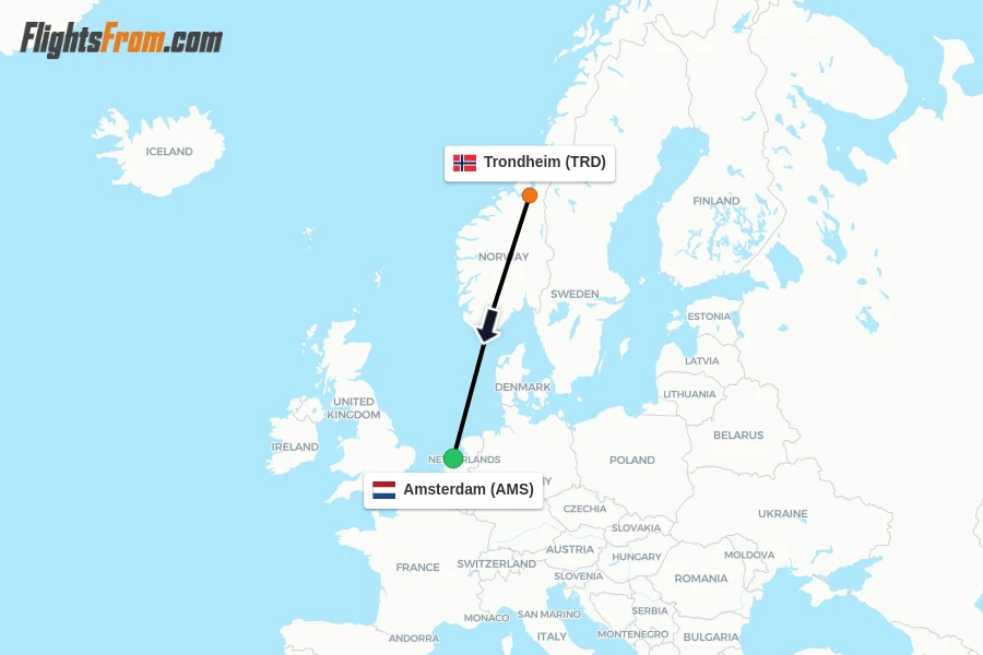 Flights from Trondheim to Amsterdam route map
