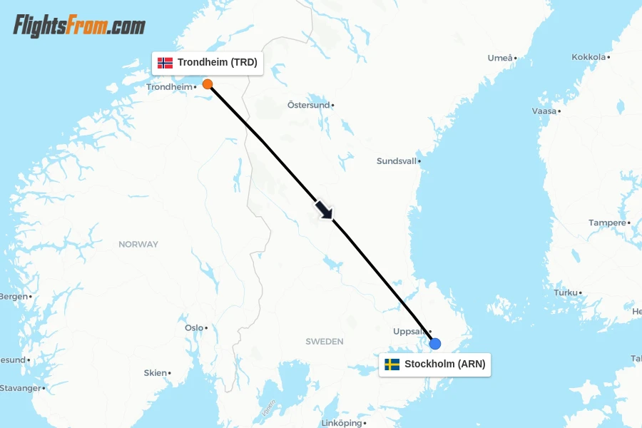 Flights from Trondheim to Stockholm route map