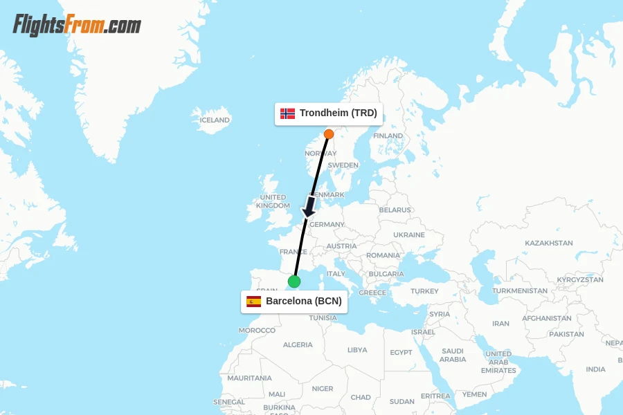 Flights from Trondheim to Barcelona route map
