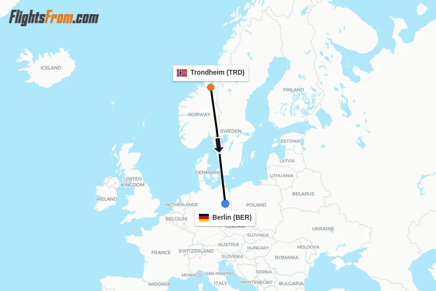 Flights from Trondheim to Berlin route map