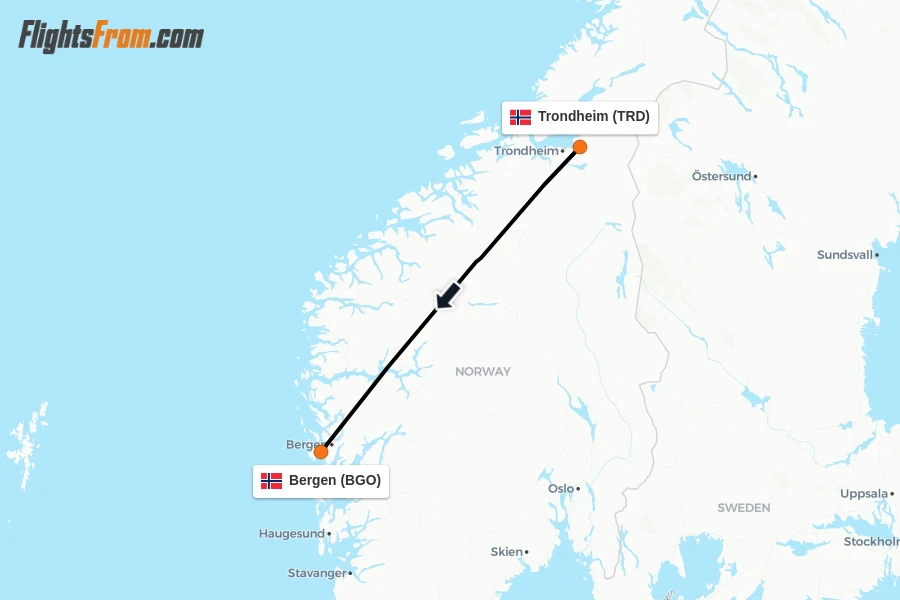 Flights from Trondheim to Bergen route map