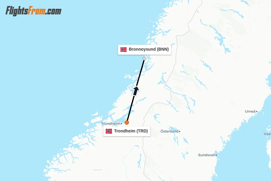 Flights from Trondheim to Bronnoysund route map
