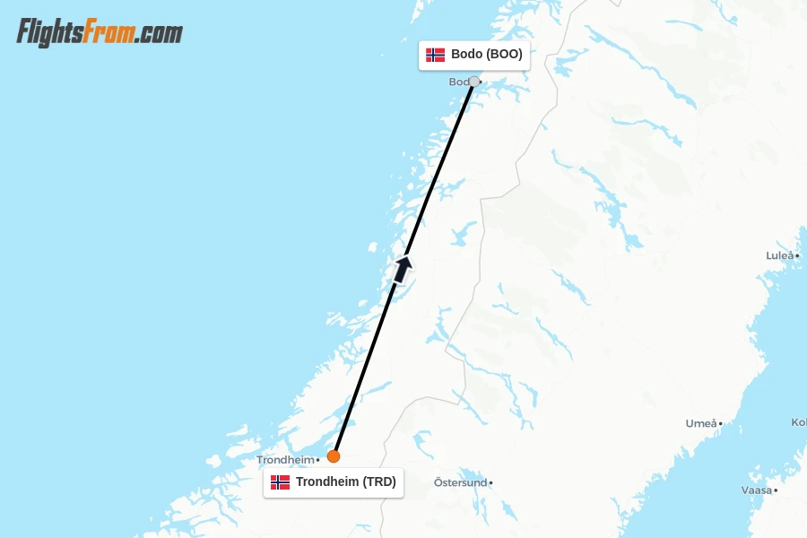 Flights from Trondheim to Bodo route map