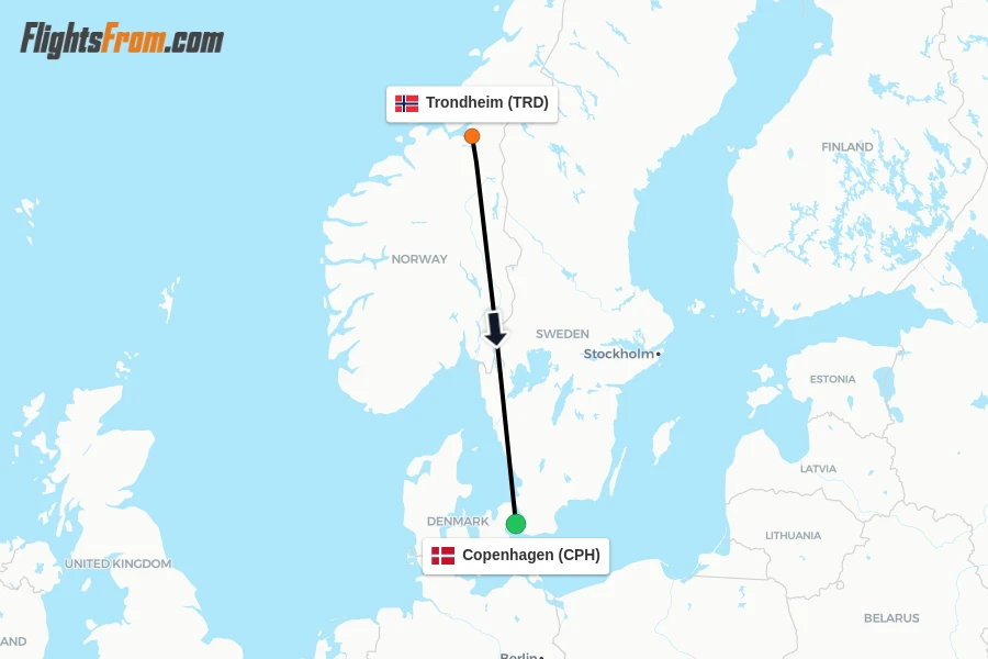 Flights from Trondheim to Copenhagen route map