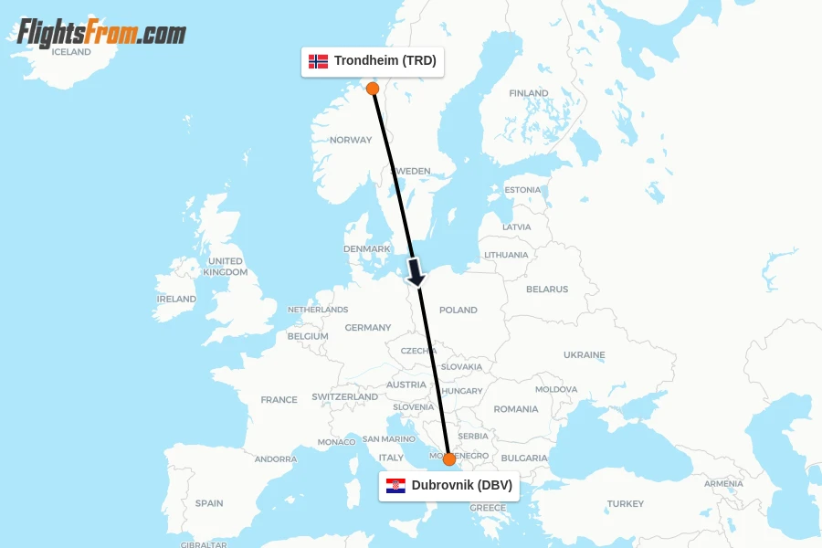 Flights from Trondheim to Dubrovnik route map