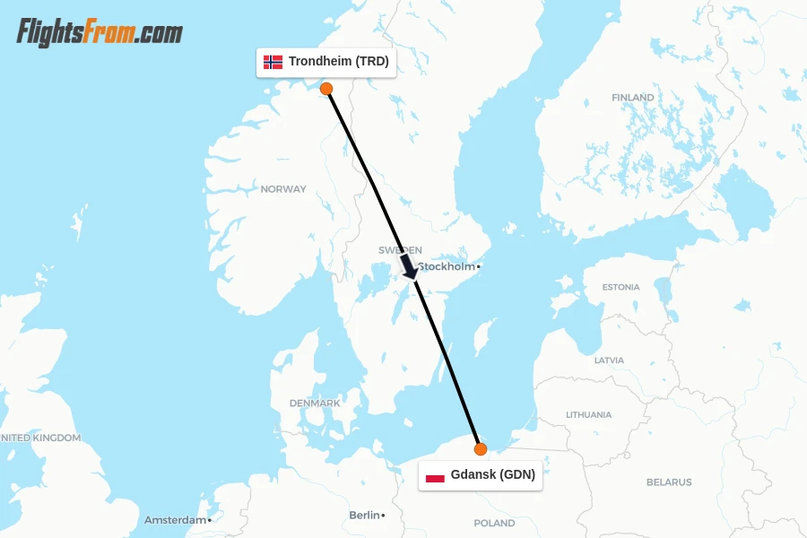 Flights from Trondheim to Gdansk route map