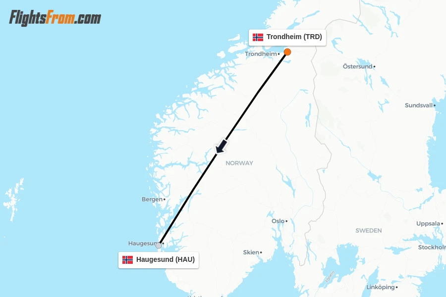 Flights from Trondheim to Haugesund route map