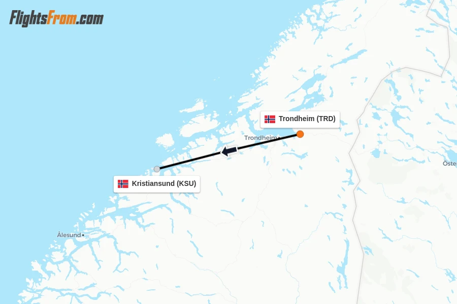 Flights from Trondheim to Kristiansund route map