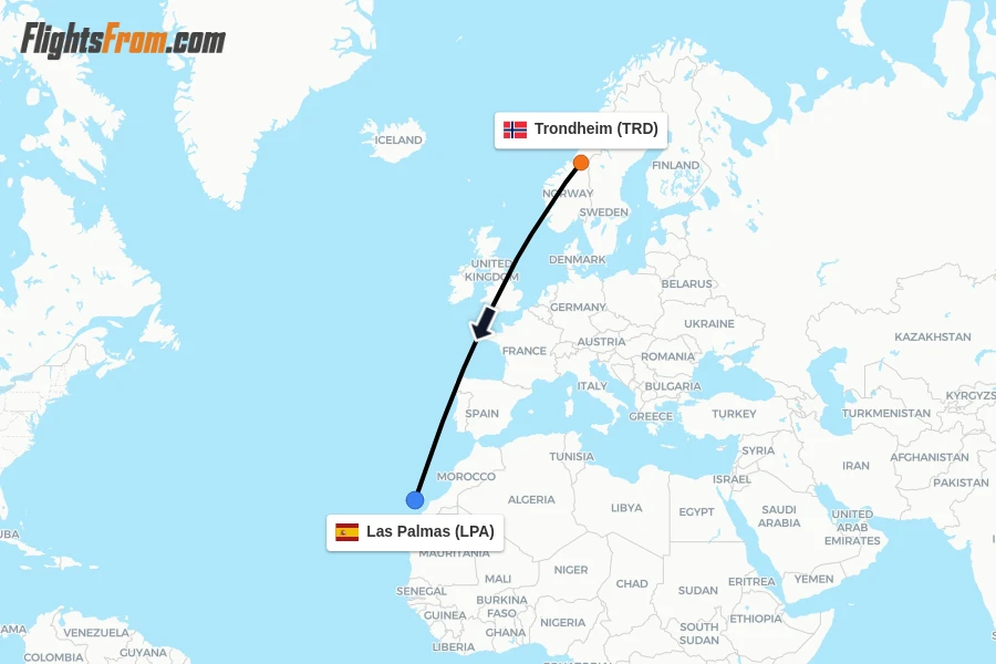 Flights from Trondheim to Las Palmas route map