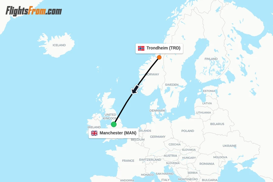 Flights from Trondheim to Manchester route map