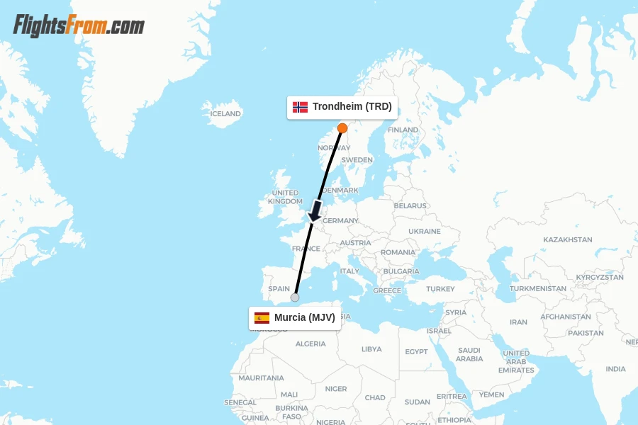 Flights from Trondheim to Murcia route map
