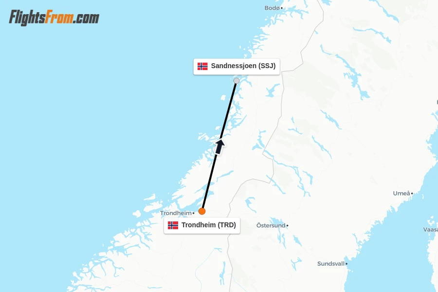 Flights from Trondheim to Sandnessjoen route map