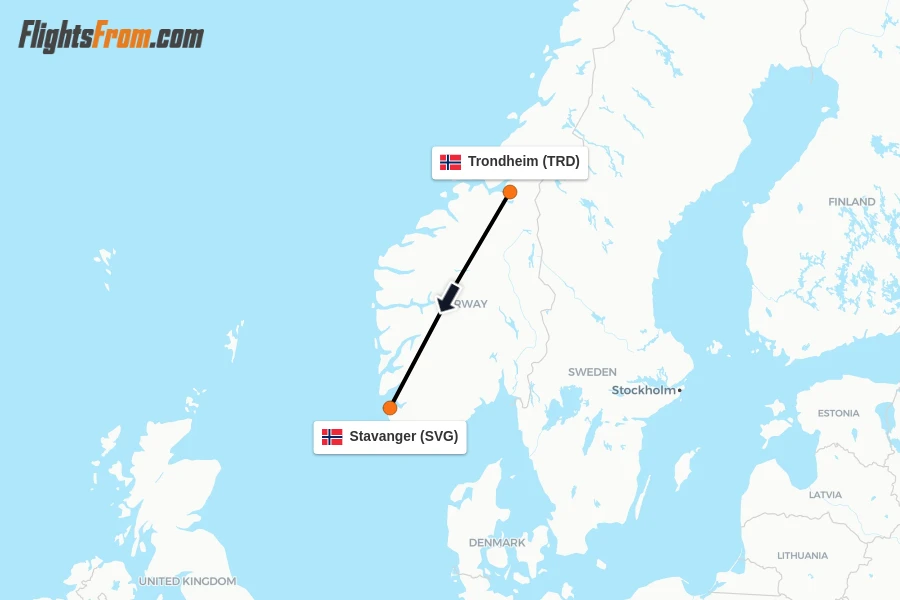 Flights from Trondheim to Stavanger route map