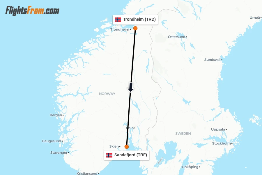 Flights from Trondheim to Sandefjord route map