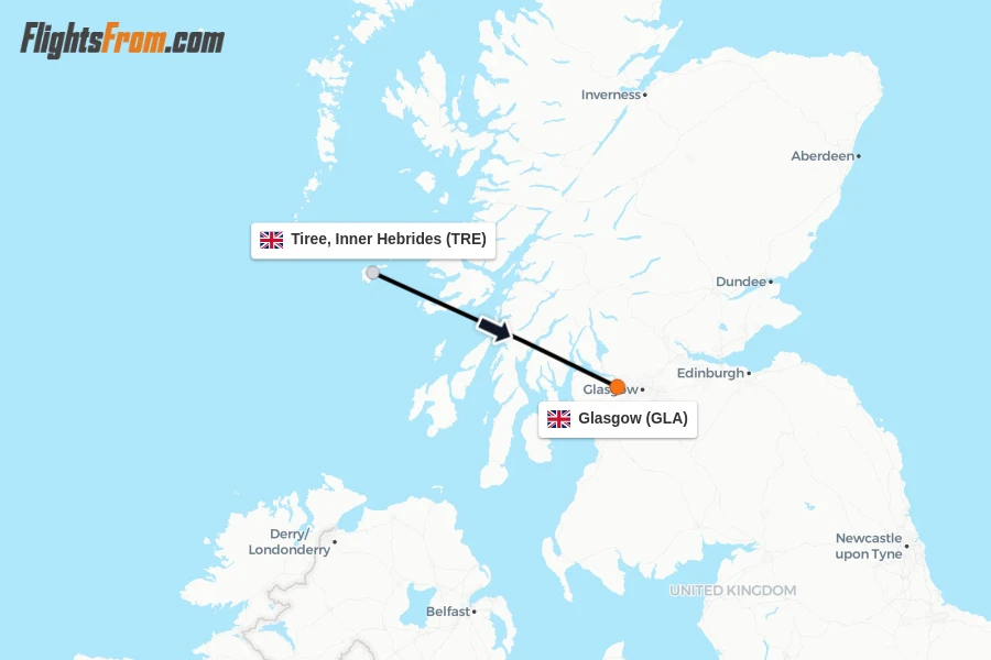 Flights from Tiree, Inner Hebrides to Glasgow route map