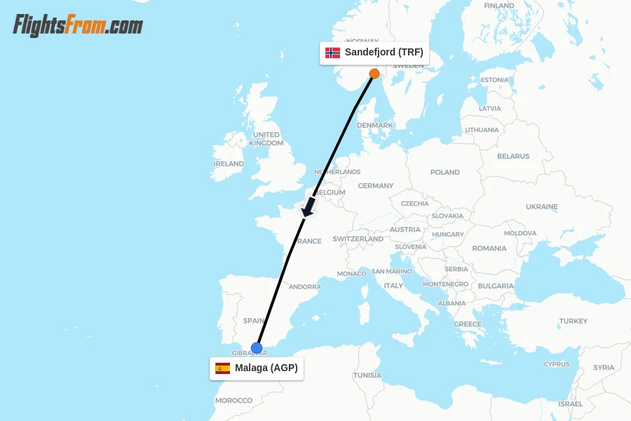 Flights from Sandefjord to Malaga route map