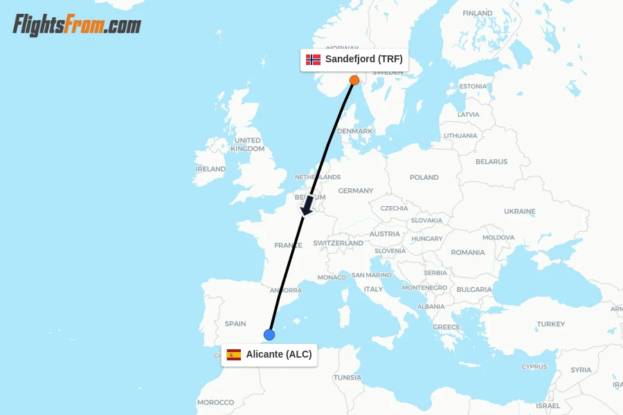 Flights from Sandefjord to Alicante route map