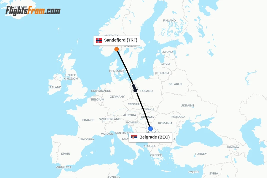 Flights from Sandefjord to Belgrade route map