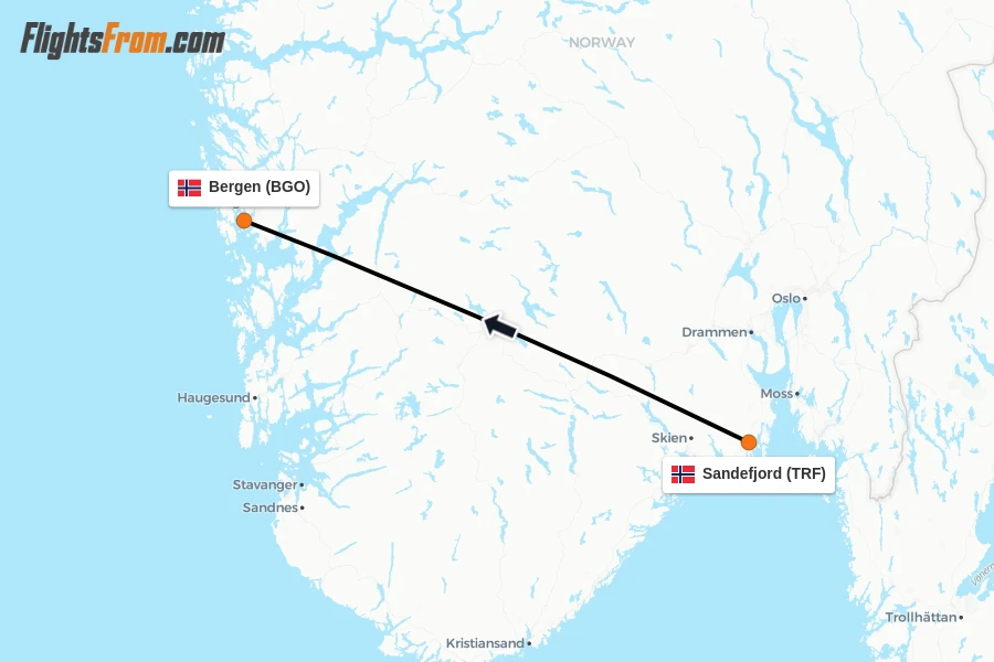 Flights from Sandefjord to Bergen route map
