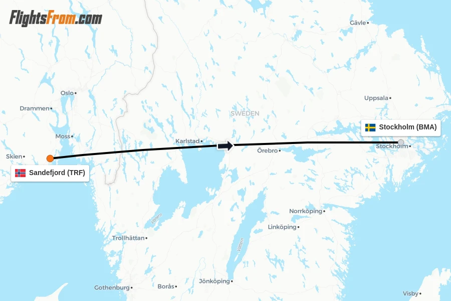 Flights from Sandefjord to Stockholm route map