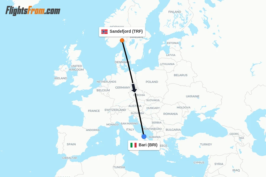 Flights from Sandefjord to Bari route map
