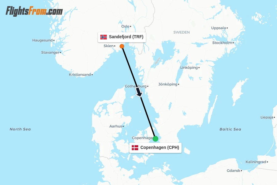 Flights from Sandefjord to Copenhagen route map