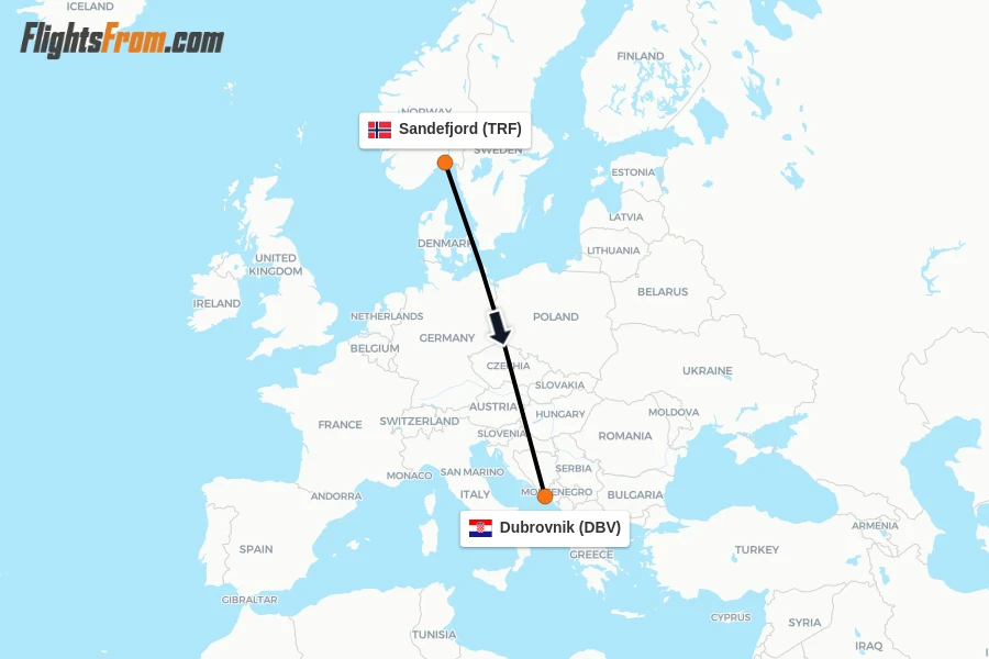 Flights from Sandefjord to Dubrovnik route map