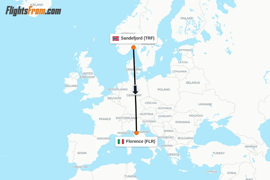 Flights from Sandefjord to Florence route map