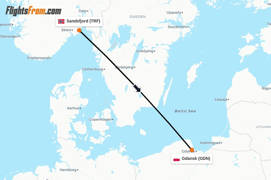 Flights from Sandefjord to Gdansk route map