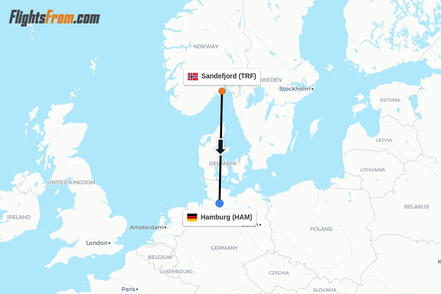 Flights from Sandefjord to Hamburg route map