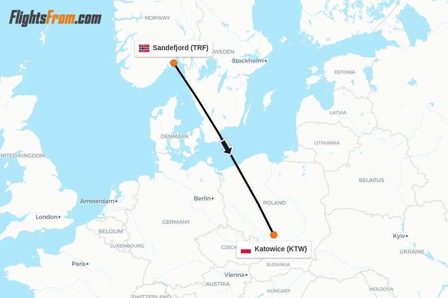Flights from Sandefjord to Katowice route map