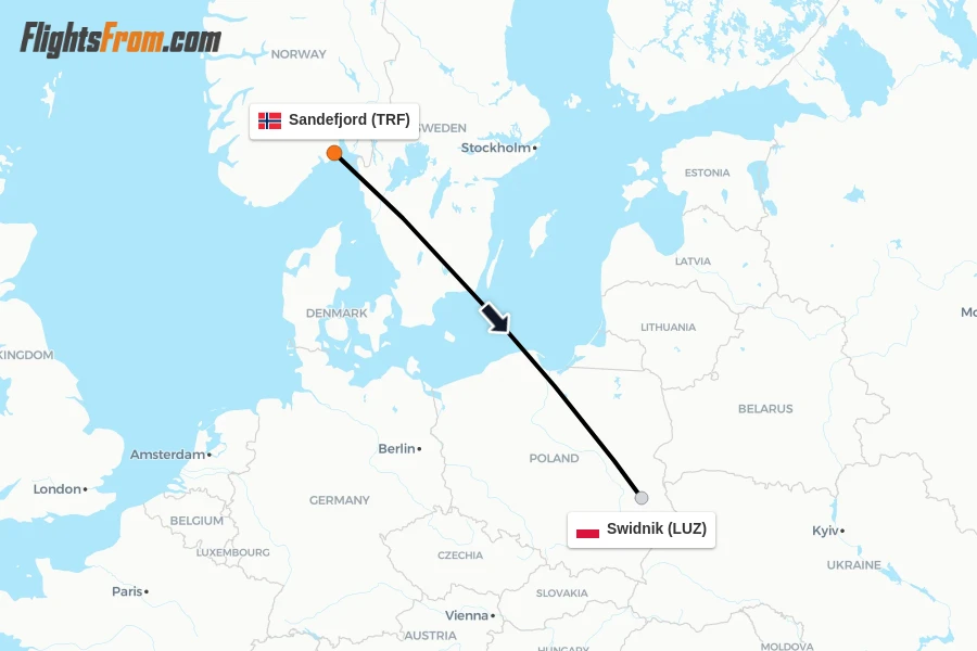 Flights from Sandefjord to Swidnik route map
