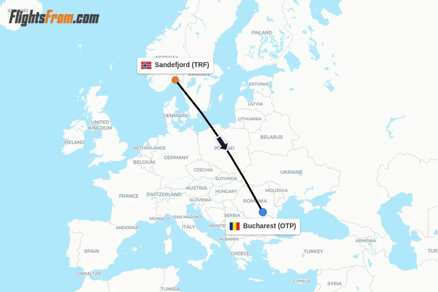 Flights from Sandefjord to Bucharest route map