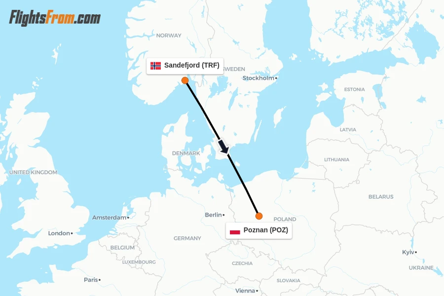 Flights from Sandefjord to Poznan route map