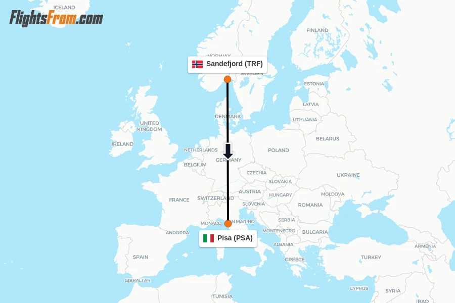 Flights from Sandefjord to Pisa route map