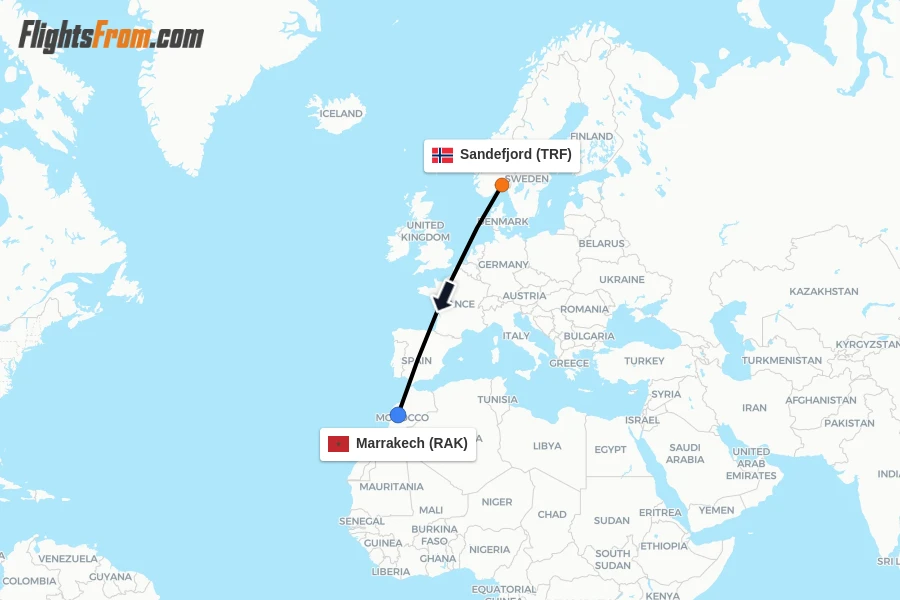 Flights from Sandefjord to Marrakech route map