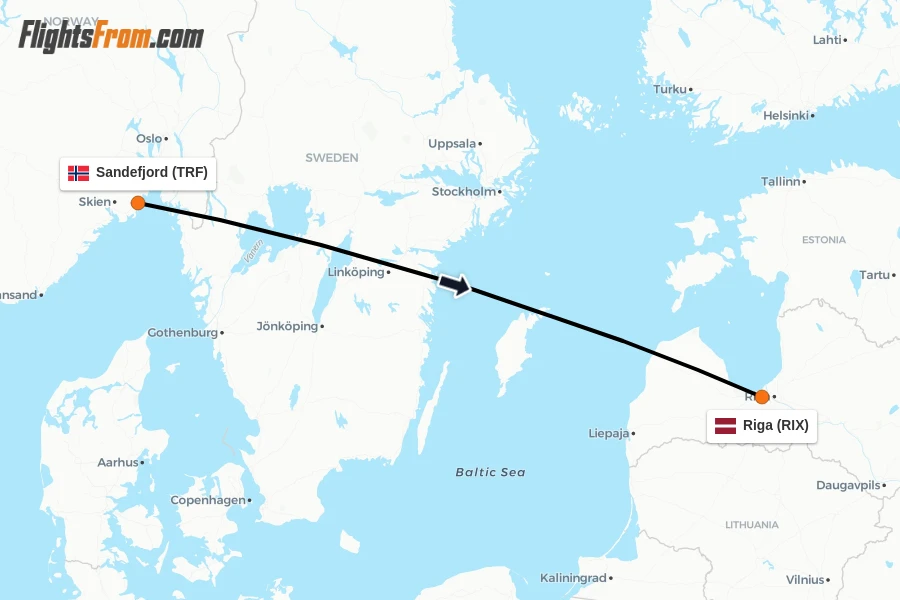 Flights from Sandefjord to Riga route map