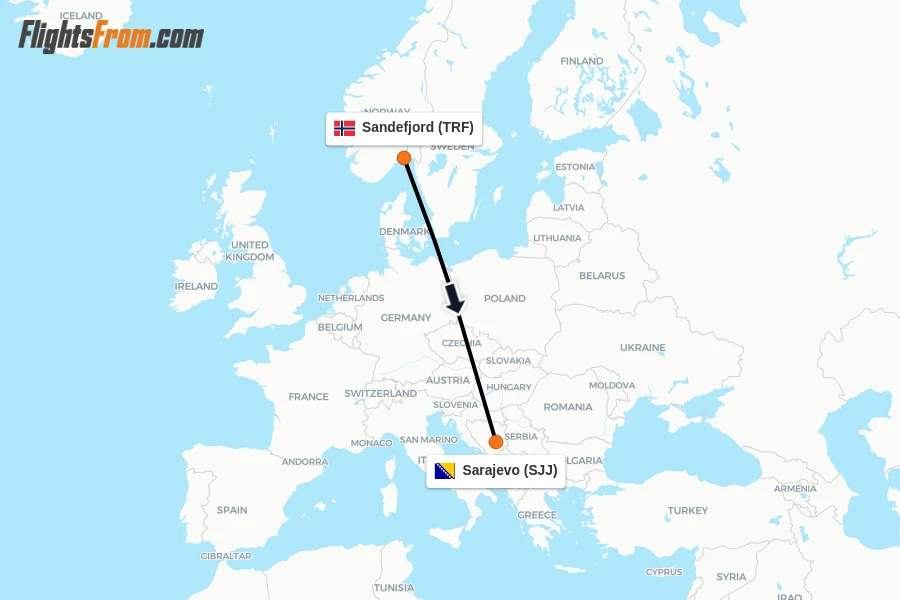 Flights from Sandefjord to Sarajevo route map
