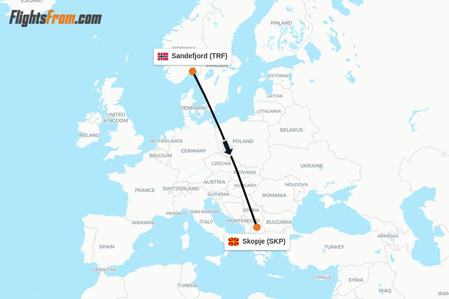 Flights from Sandefjord to Skopje route map