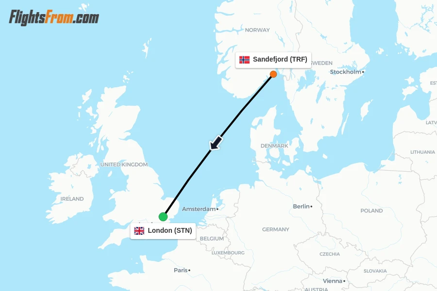 Flights from Sandefjord to London route map