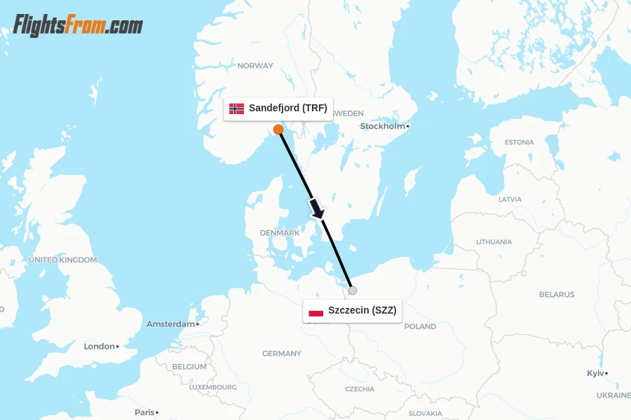 Flights from Sandefjord to Szczecin route map