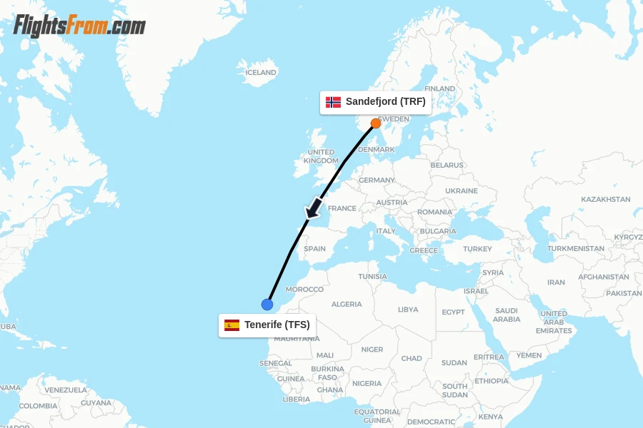 Flights from Sandefjord to Tenerife route map