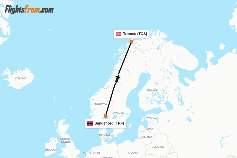 Flights from Sandefjord to Tromso route map