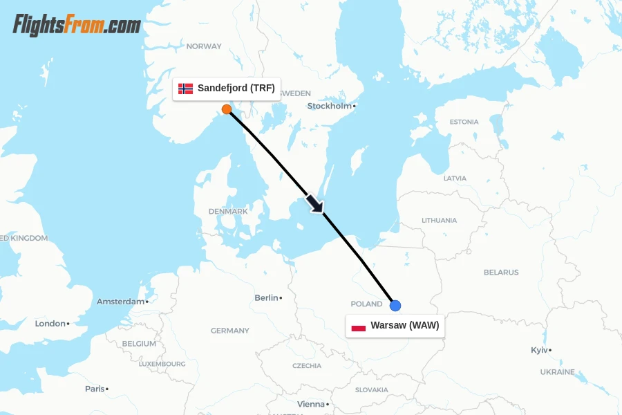 Flights from Sandefjord to Warsaw route map