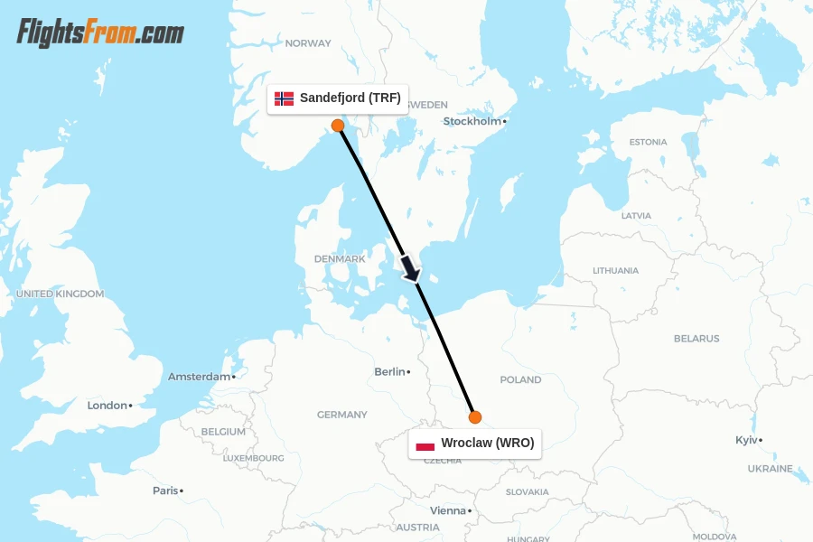 Flights from Sandefjord to Wroclaw route map