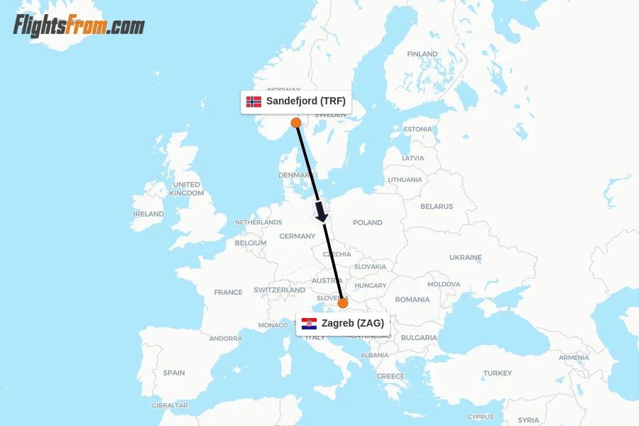 Flights from Sandefjord to Zagreb route map
