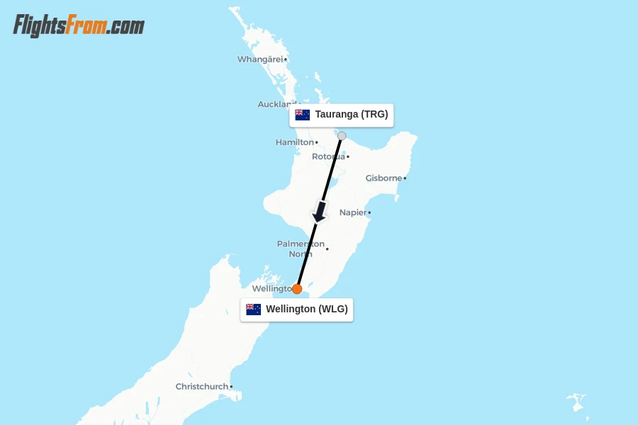 Flights from Tauranga to Wellington route map
