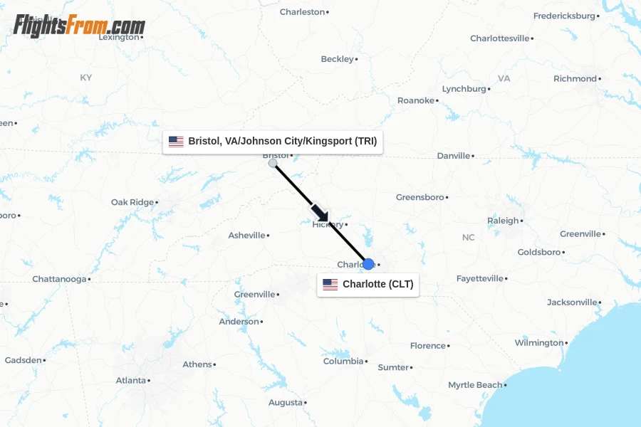 Flights from Bristol, VA/Johnson City/Kingsport to Charlotte route map