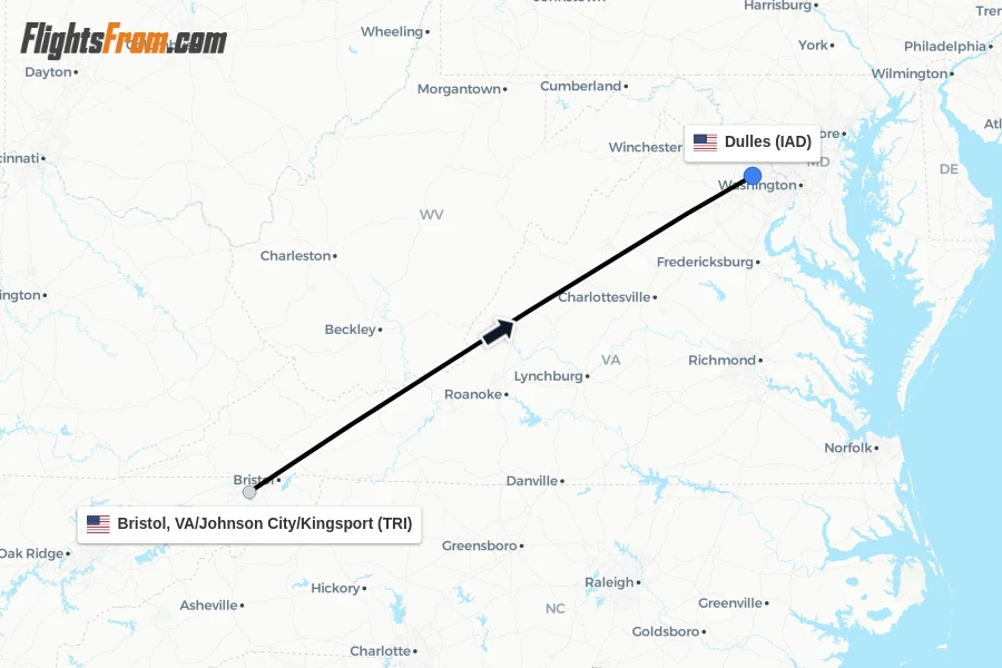 Flights from Bristol, VA/Johnson City/Kingsport to Dulles route map