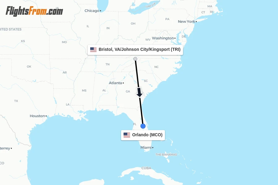 Flights from Bristol, VA/Johnson City/Kingsport to Orlando route map